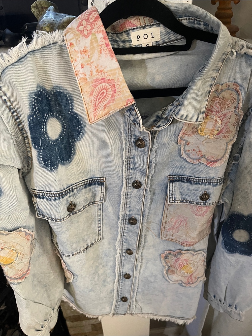 POL Light Blue Denim Jacket with Pink & Navy Floral Appliqués - Picture 3 of 6